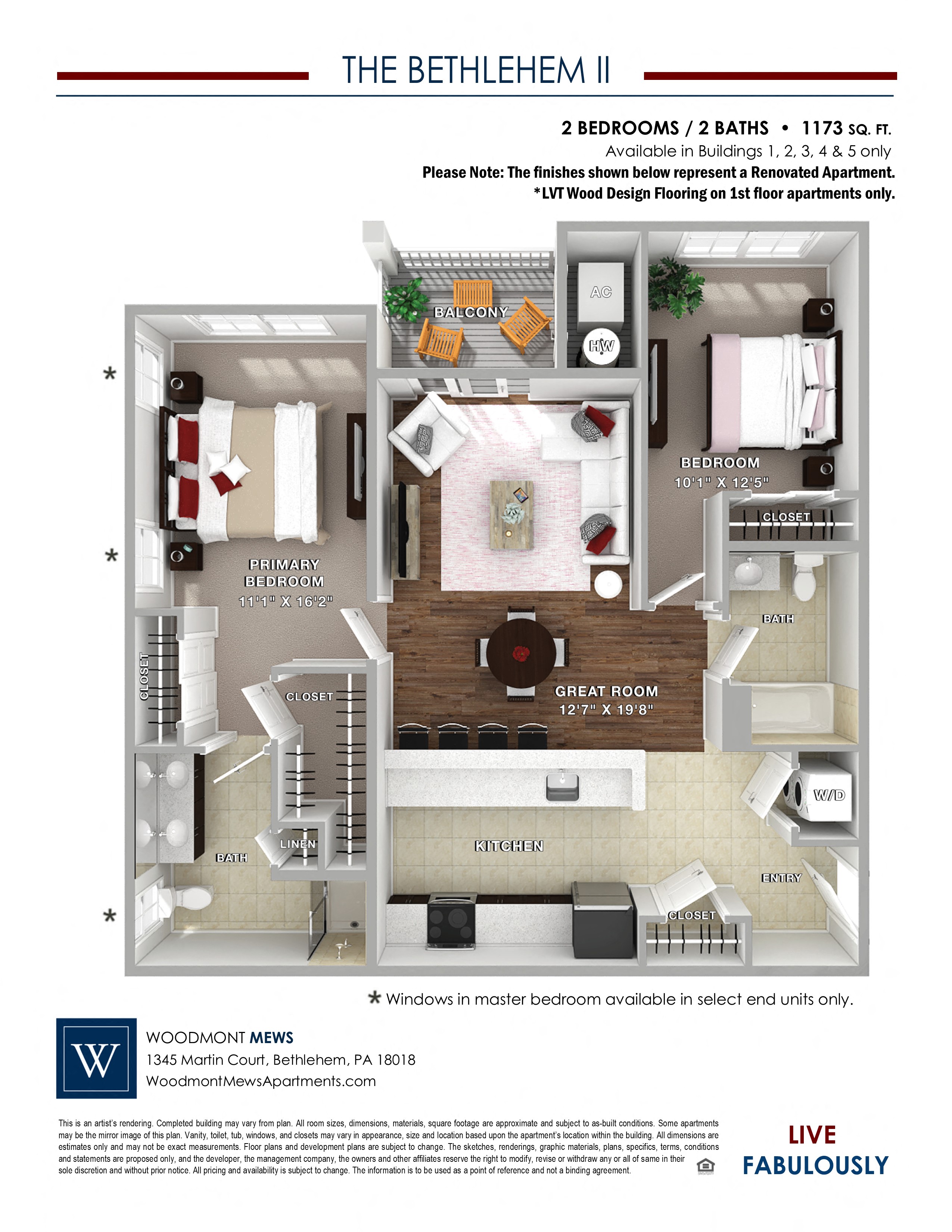 Floor plan for 2 beds, 2 baths, 1173 sqft